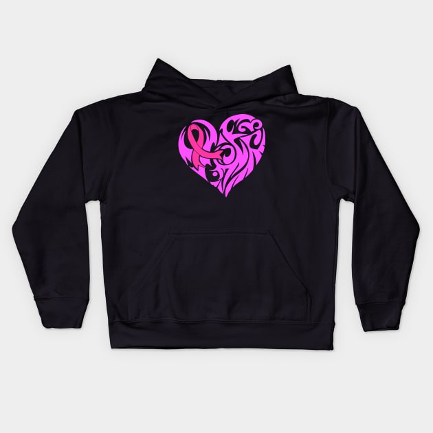 Pink Ribbon And Heart Support Breast Cancer Awareness Design Kids Hoodie by Linco